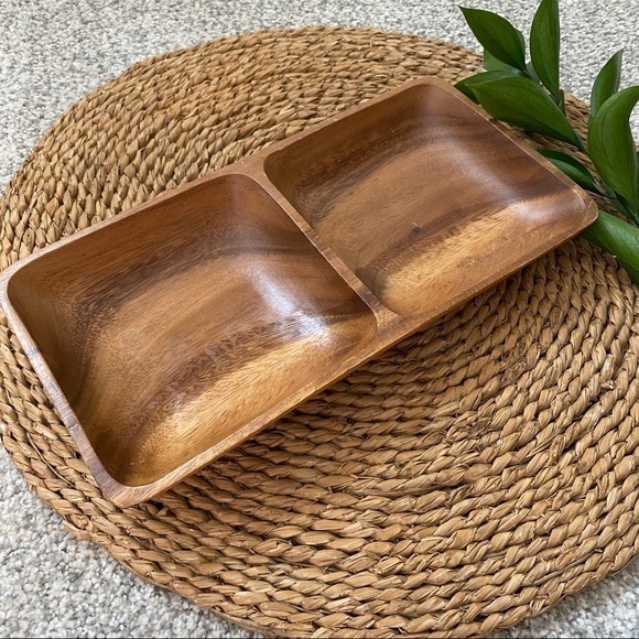 Vintage Other - Monkeypod wood rectangle tray dish double bowl boho bohemian storage